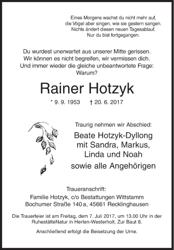 Traueranzeige von Rainer Hotzyk von Siegener Zeitung
