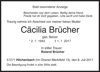 Traueranzeige von Cäcilia Brücher von Siegener Zeitung