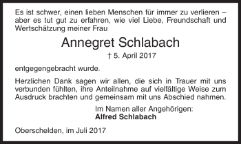 Traueranzeige von Annegret Schlabach von Siegener Zeitung