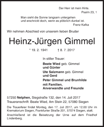 Traueranzeige von Heinz-Jürgen Gimmel von Siegener Zeitung