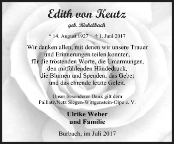 Traueranzeige von Edith von Keutz von Siegener Zeitung