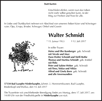 Traueranzeige von Walter Schmidt von Siegener Zeitung