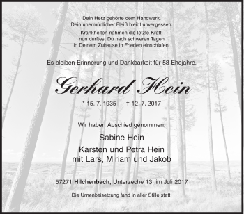 Traueranzeige von Gerhard Hein von Siegener Zeitung