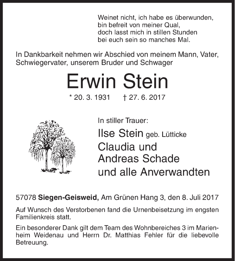 Traueranzeige für Erwin Stein vom 08.07.2017 aus Siegener Zeitung