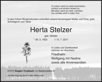 Traueranzeige von Herta Stelzer von Siegener Zeitung