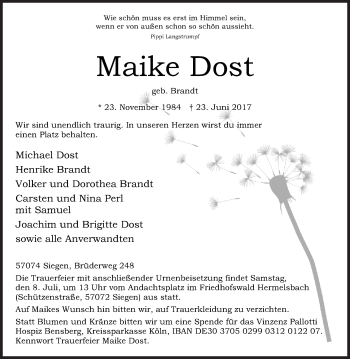 Traueranzeige von Maike Dost von Siegener Zeitung