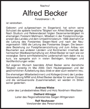 Traueranzeige von Alfred Becker von Siegener Zeitung
