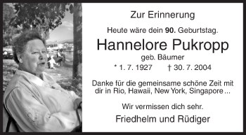 Traueranzeige von Hannelore Pukropp von Siegener Zeitung