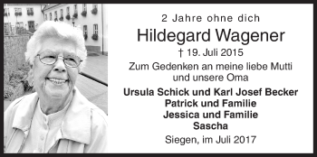Traueranzeige von Hildegard Wagener von Siegener Zeitung