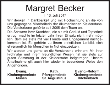 Traueranzeige von Margret Becker von Siegener Zeitung