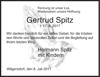 Traueranzeige von Gertrud Spitz von Siegener Zeitung