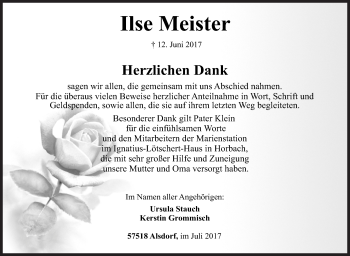 Traueranzeige von Ilse Meister von Siegener Zeitung
