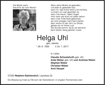 Traueranzeige von Helga Uhl von Siegener Zeitung