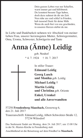 Traueranzeige von Anna  Leidig von Siegener Zeitung