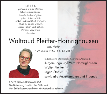 Traueranzeige von Waltraud Pfeiffer-Homrighausen von Siegener Zeitung