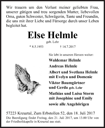 Traueranzeige von Else Helmle von Siegener Zeitung