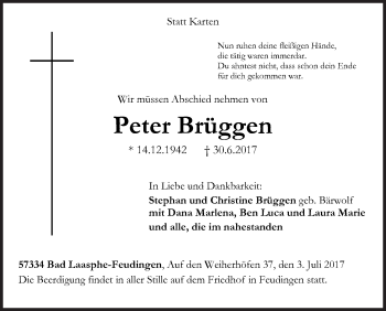Traueranzeige von Peter Brüggen von Siegener Zeitung