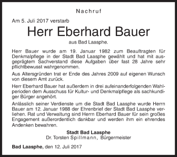Traueranzeige von Eberhard Bauer von Siegener Zeitung