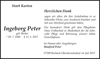 Traueranzeige von Ingeborg Peter von Siegener Zeitung