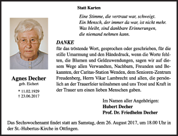 Traueranzeige von Agnes Decher von Siegener Zeitung