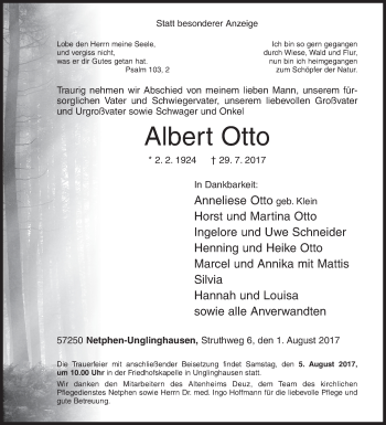 Traueranzeige von Albert Otto von Siegener Zeitung