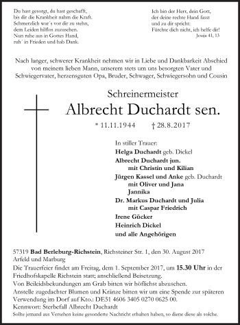 Traueranzeige von Albrecht Duchardt von Siegener Zeitung