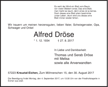 Traueranzeige von Alfred Dröse von Siegener Zeitung
