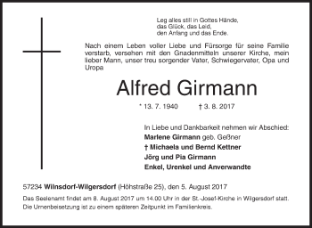 Traueranzeige von Alfred Girmann von Siegener Zeitung