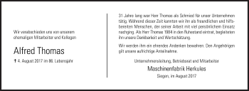 Traueranzeige von Alfred Thomas von Siegener Zeitung