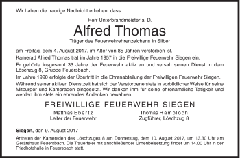 Traueranzeige von Alfred Thomas von Siegener Zeitung