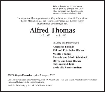 Traueranzeige von Alfred Thomas von Siegener Zeitung