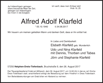 Traueranzeige von Alfred Adolf Klarfeld von Siegener Zeitung