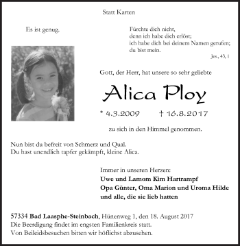 Traueranzeige von Alica Ploy von Siegener Zeitung
