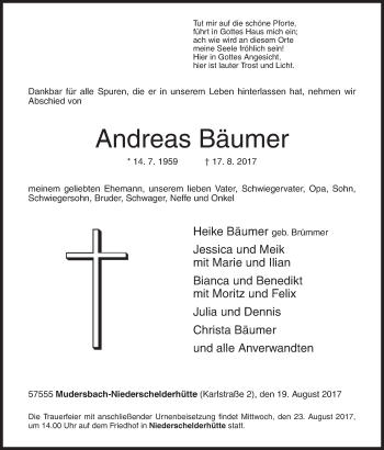 Traueranzeige von Andreas Bäumer von Siegener Zeitung