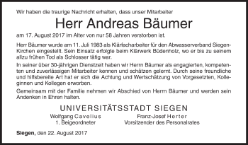 Traueranzeige von Andreas Bäumer von Siegener Zeitung