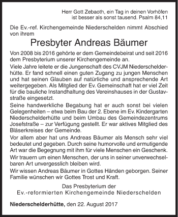 Traueranzeige von Andreas Bäumer von Siegener Zeitung