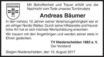 Traueranzeige von Andreas Bäumer von Siegener Zeitung