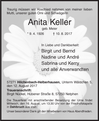 Traueranzeige von Anita Keller von Siegener Zeitung