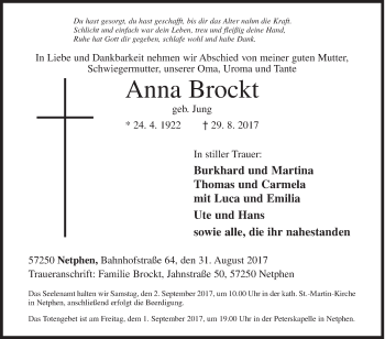 Traueranzeige von Anna Brockt von Siegener Zeitung