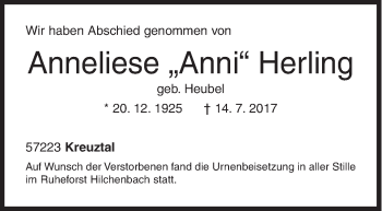 Traueranzeige von Anneliese Herling von Siegener Zeitung