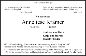 Traueranzeige von Anneliese Krämer von Siegener Zeitung