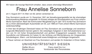 Traueranzeige von Anneliese Sonneborn von Siegener Zeitung