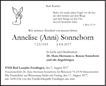 Traueranzeige von Annelise Sonneborn von Siegener Zeitung