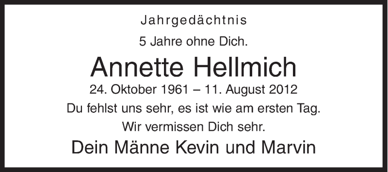  Traueranzeige für Annette Hellmich vom 11.08.2017 aus Siegener Zeitung