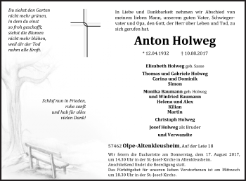 Traueranzeige von Anton Holweg von Siegener Zeitung