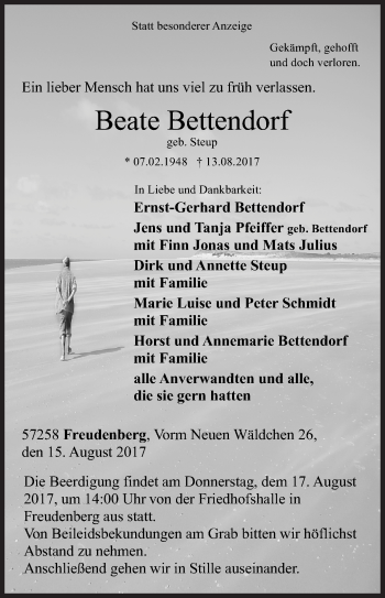 Traueranzeige von Beate Bettendorf von Siegener Zeitung