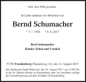 Traueranzeige von Bernd Schumacher von Siegener Zeitung