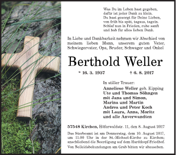 Traueranzeige von Berthold Weller von Siegener Zeitung