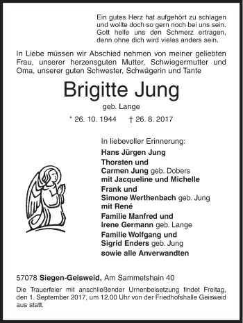 Traueranzeige von Brigitte Jung von Siegener Zeitung