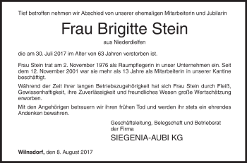 Traueranzeige von Brigitte Stein von Siegener Zeitung